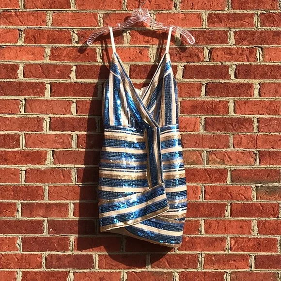 RYSE X Revolve Blue & Gold Sequin Wrap Mini Dress - Picture 2 of 16